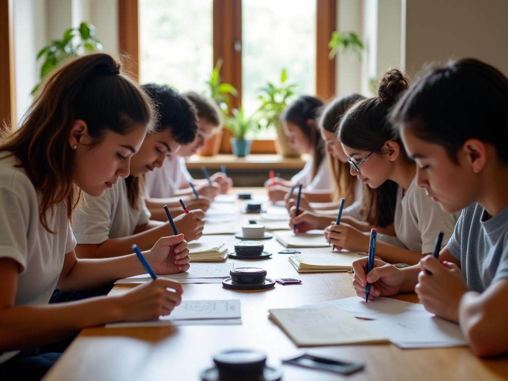 Estudiantes aprendiendo caligrafía en LienzoVerde Studio