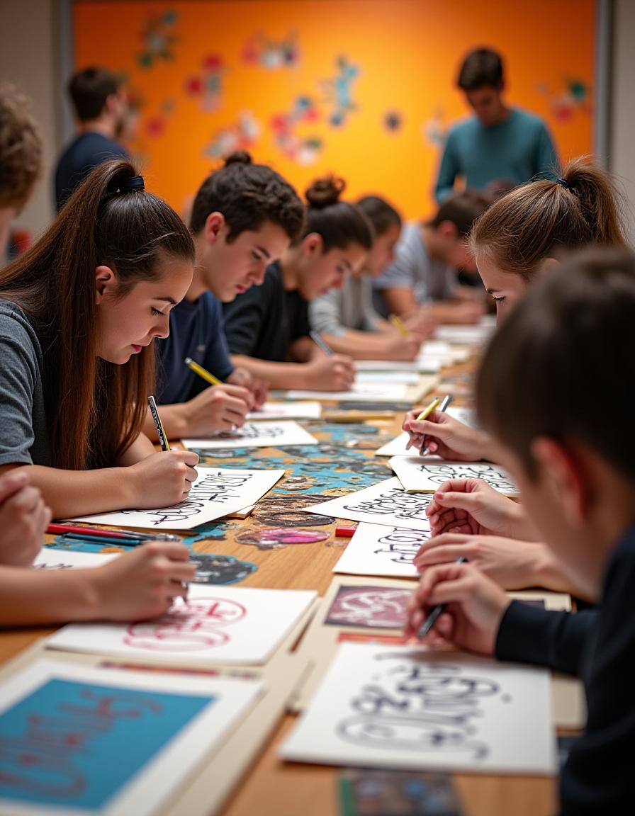 Estudiantes en taller de hand lettering desarrollando creatividad